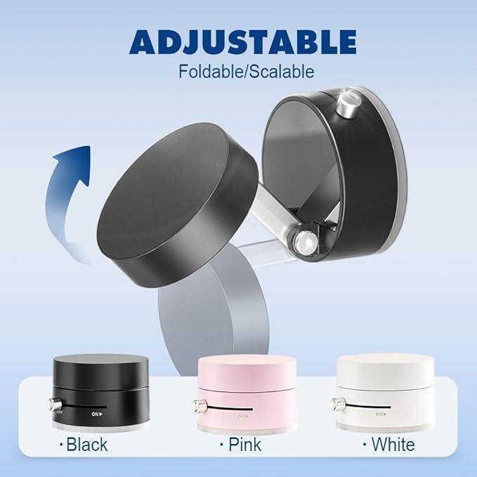 Adjustable foldable/scalable phone stand in black, pink, and white.