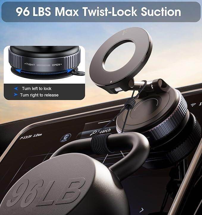 Vacuum suction magnetic phone holder with 96 lbs max twist-lock suction for secure device mounting