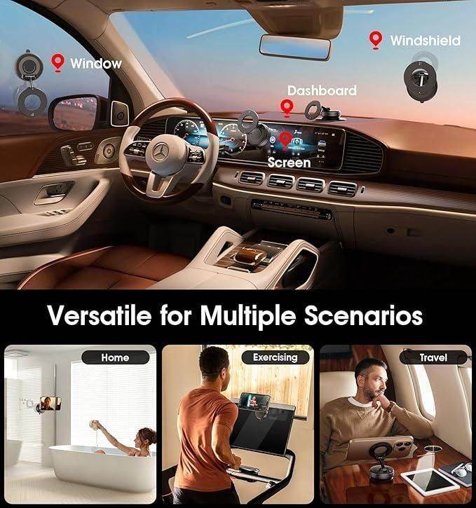 Vacuum suction magnetic phone holder mounted on car dashboard window and windshield, shown in various usage scenarios