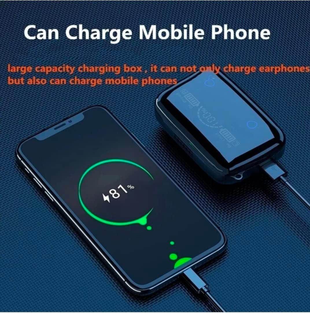M19 Bluetooth TWS earbuds charging case powering a mobile phone with 81 percent battery