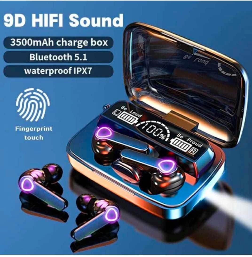 M19 Bluetooth TWS earbuds with 9D HiFi sound, waterproof IPX7, fingerprint touch, and 3500mAh charging case