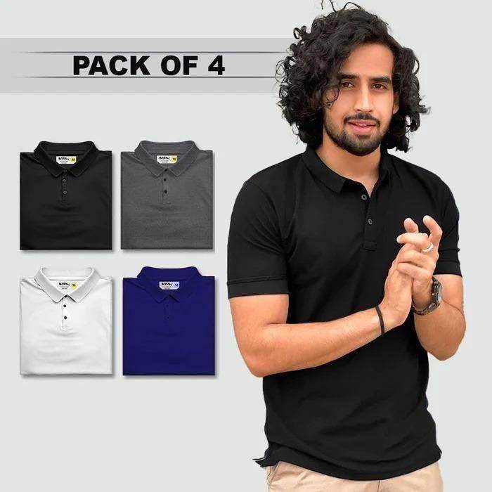 Poly Matte Assorted Solid Half Sleeves Mens Polo T-Shirt Pack Of 4 - online shope