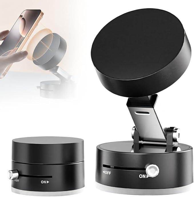 A magnetic phone mount with a round, black top, a silver arm, and a round base with an on/off switch.