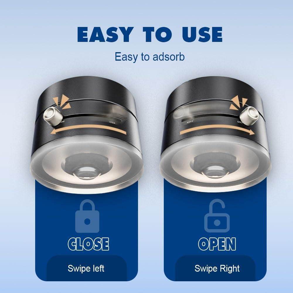 Two small, black cylinder devices with translucent bottoms, demonstrating an on/off switch.