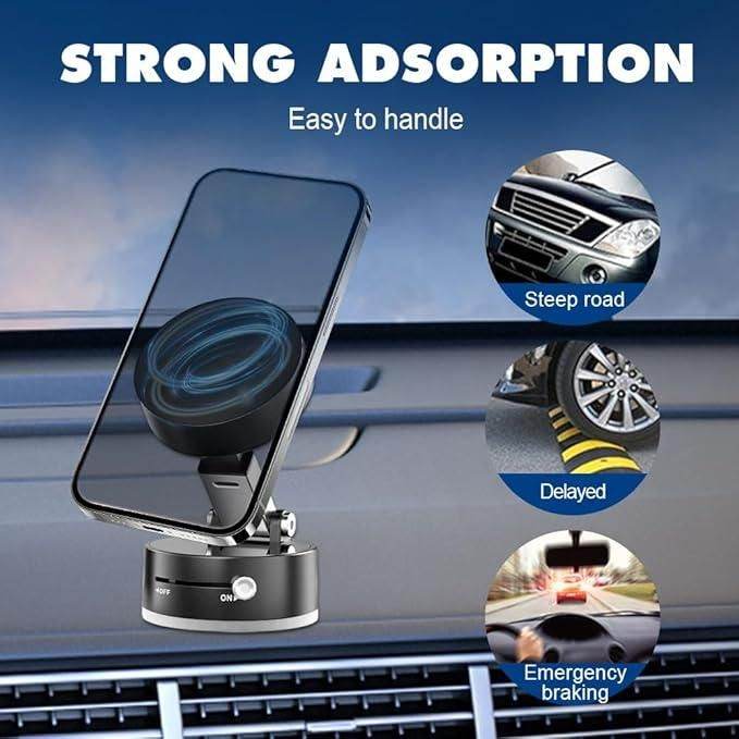 Product image of a car phone mount with strong adsorption, designed for easy handling in challenging driving conditions.