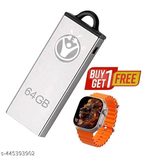 64 Gb Pendrive With T8000 Smart Watch (Silver & Orange, Set of 2) - online shope