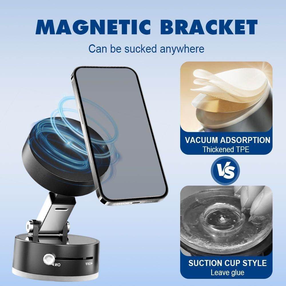 A promotional image showcasing a black magnetic bracket for phones, presented against a light blue background. It contrasts the bracket with vacuum adsorption technology against a traditional suction cup style, emphasizing the bracket's ability to be mounted anywhere.