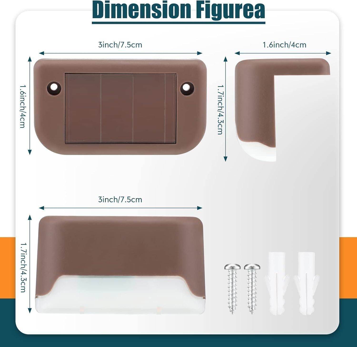 Brown outdoor solar stair lights with dimensions and included screws for easy installation