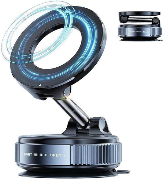 Vacuum suction magnetic phone holder in black with adjustable base and strong magnetic ring