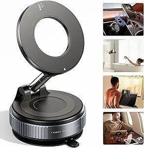 Vacuum suction magnetic phone holder with adjustable arm for hands-free use in cars and at home