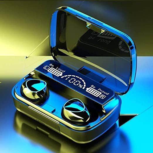 M10 Pro wireless earbuds charging case with digital battery display and sleek black design