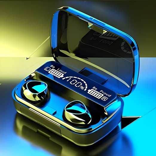 M10 Pro wireless earbuds in black charging case with digital battery level display