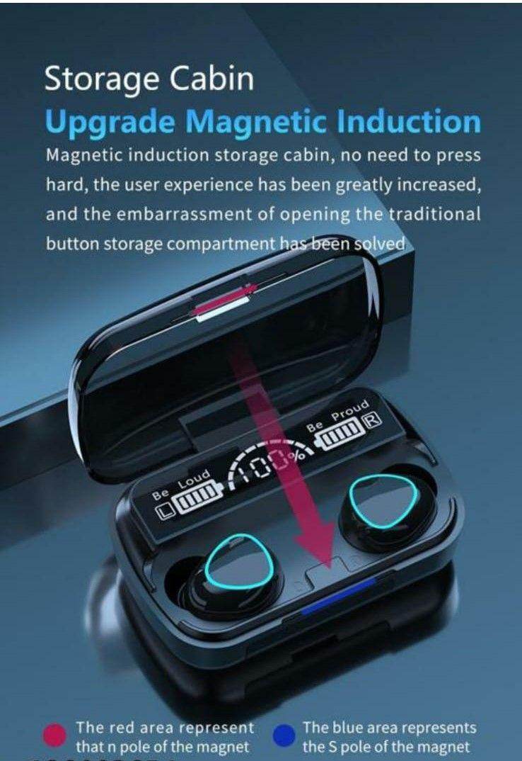 M10 Pro wireless earbuds in open black charging case with digital battery display and magnetic induction storage