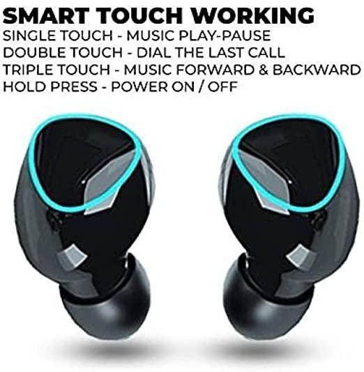 M10 Pro wireless earbuds in black with blue trim featuring smart touch controls for music and calls
