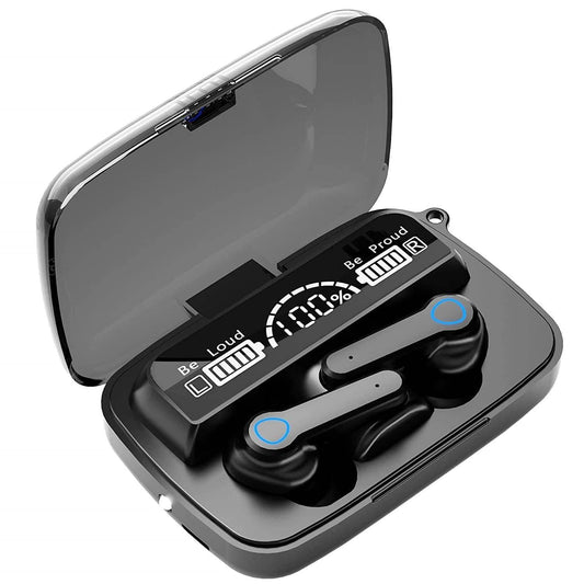 M19 Bluetooth TWS earbuds in black with digital battery display and charging case open