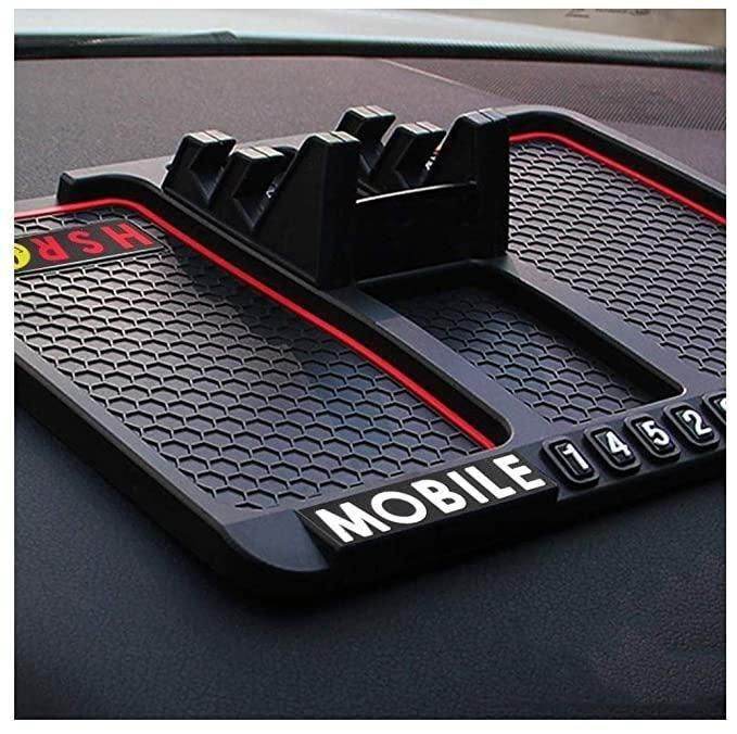 Black multifunctional car mobile holder with honeycomb design and phone grips for dashboard use