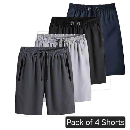 Four pairs of men's shorts in gray, light gray, black, and navy blue.