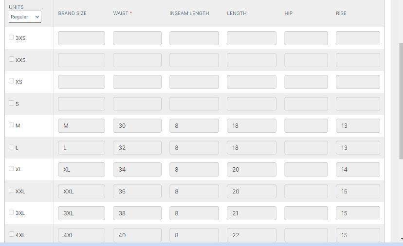 A product size chart table.