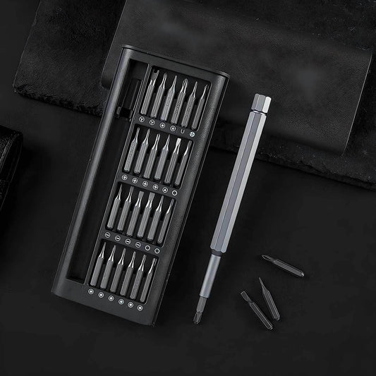 Precision screwdriver set online with multiple metal bits and a silver handle in a black case