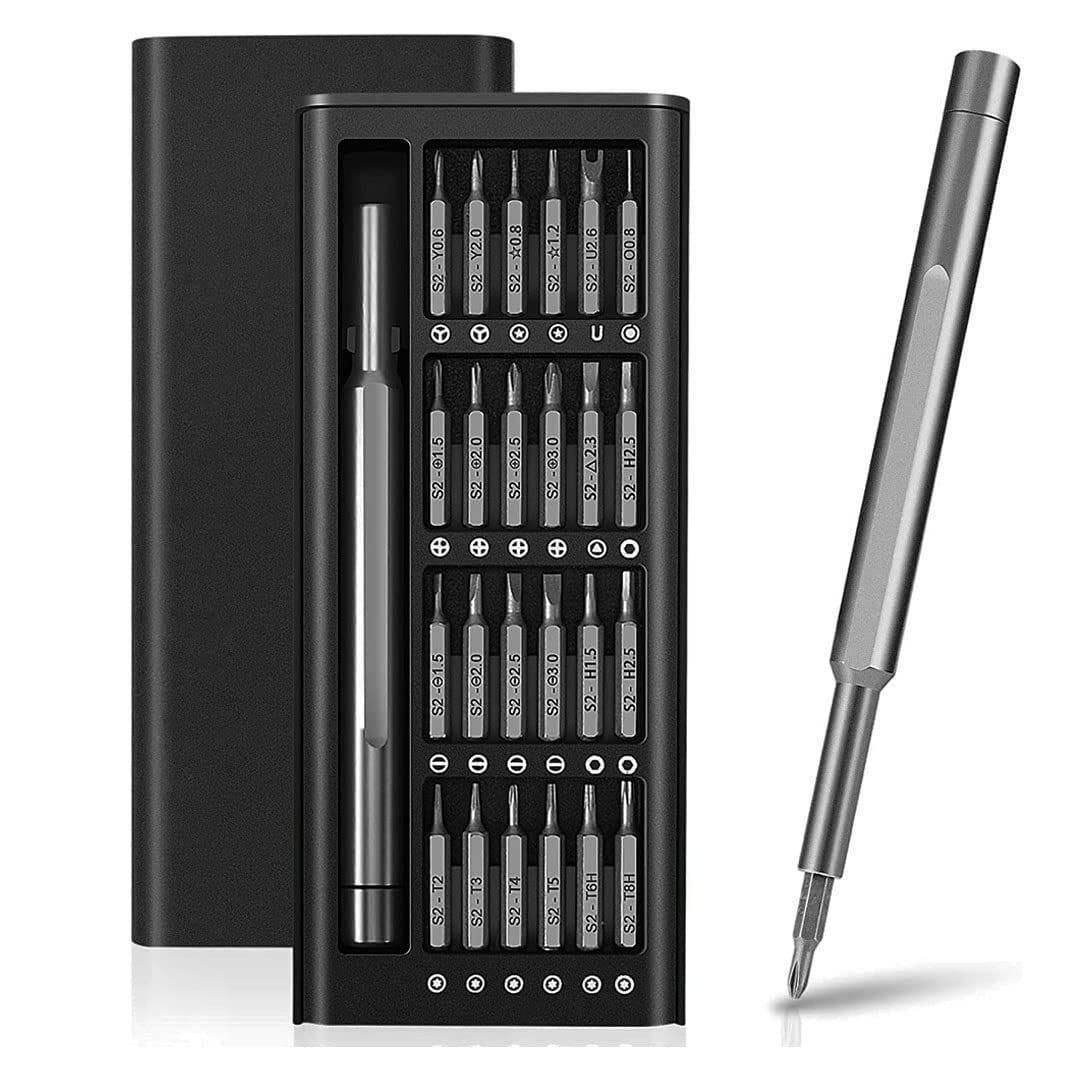 Precision screwdriver set online with multiple bits and a sleek metal handle in a compact black case