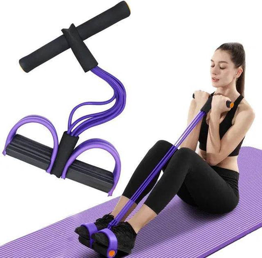 Purple yoga pedal pull reducer resistance band used by woman on purple mat for seated exercise